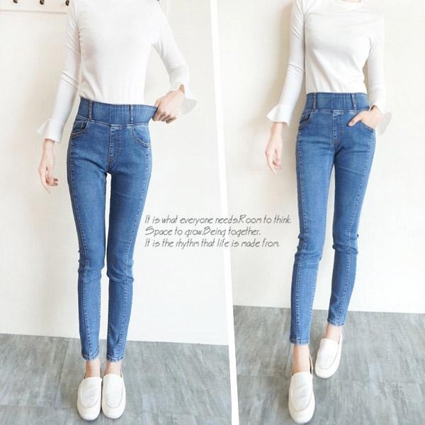 韓版激瘦 -5KG高腰收腹牛仔褲 彈力牛仔褲 韓國熱銷款 鬆緊拉彈 修身小腳  ins素色百搭【633-659】S~XL-細節圖3