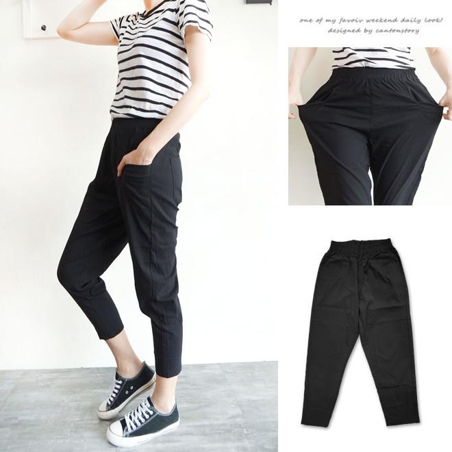 台灣現貨 冰絲涼感 超彈薄款哈倫褲 休閒褲 老爺褲 高腰鬆緊 寬鬆長褲 寬褲 ins素色百搭【959-767】黑、灰2色-細節圖3