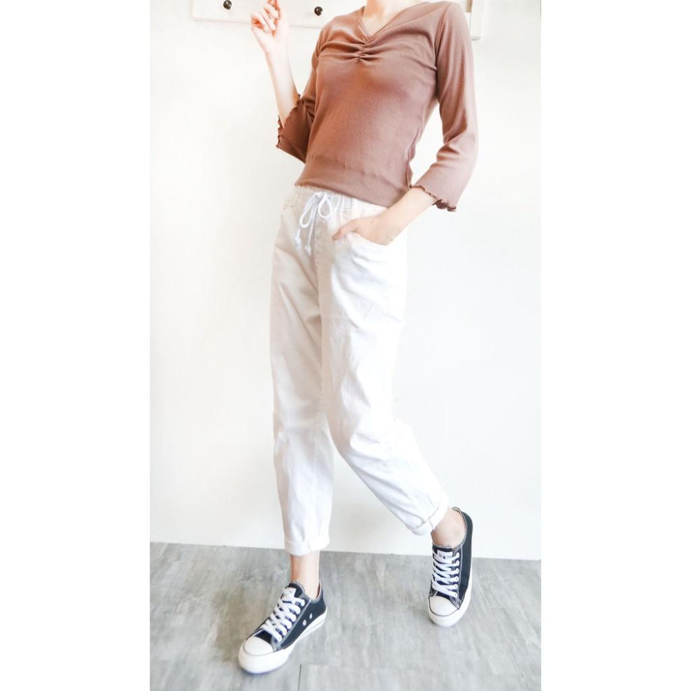 高腰鬆緊 白色哈倫褲女 彈力顯瘦 男友褲 休閒褲女 寬鬆百搭 鬆緊腰綁繩  白色長褲【631-304】S~XL-細節圖3