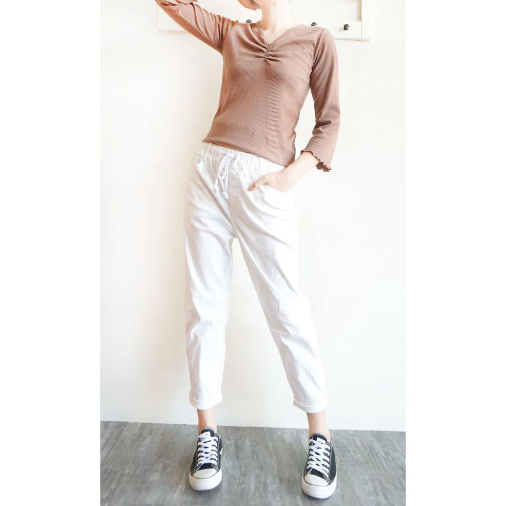 高腰鬆緊 白色哈倫褲女 彈力顯瘦 男友褲 休閒褲女 寬鬆百搭 鬆緊腰綁繩  白色長褲【631-304】S~XL-細節圖4