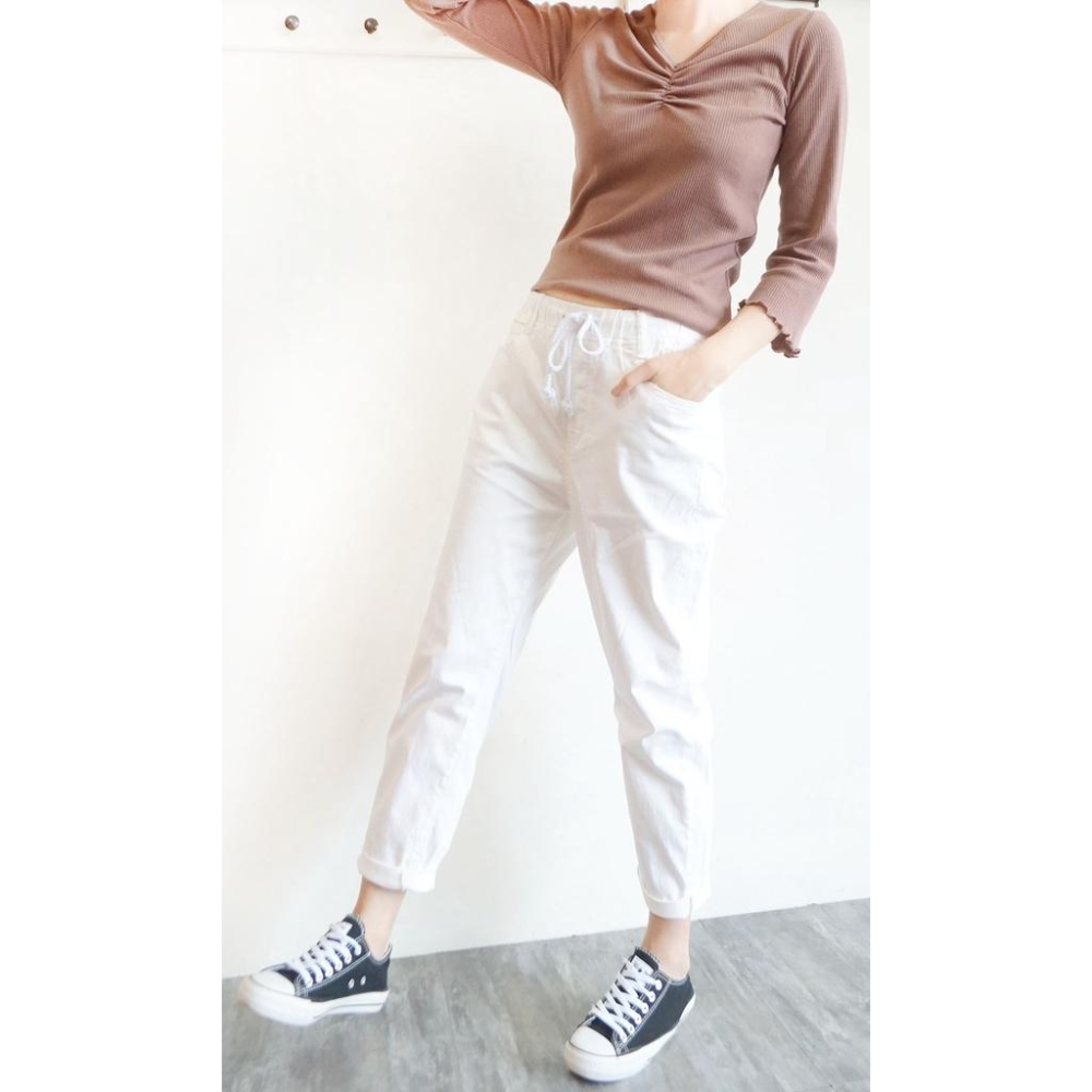 高腰鬆緊 白色哈倫褲女 彈力顯瘦 男友褲 休閒褲女 寬鬆百搭 鬆緊腰綁繩  白色長褲【631-304】S~XL-細節圖5