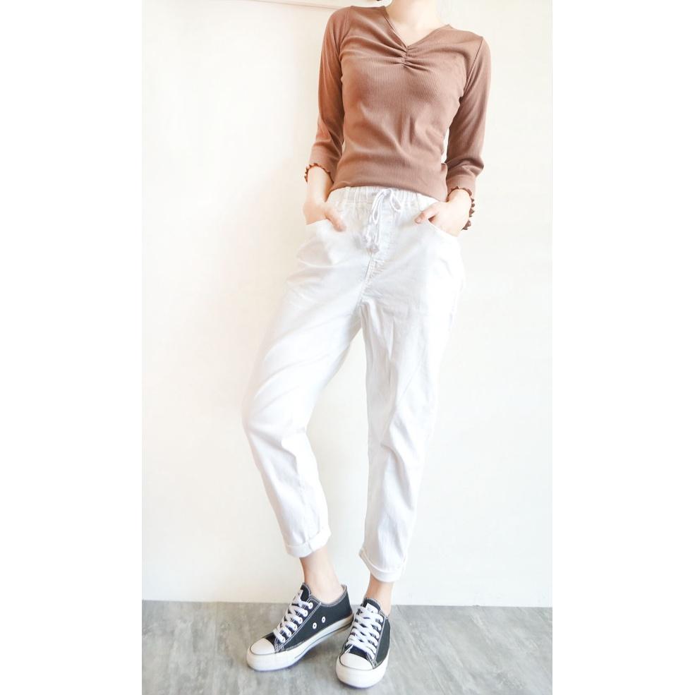 高腰鬆緊 白色哈倫褲女 彈力顯瘦 男友褲 休閒褲女 寬鬆百搭 鬆緊腰綁繩  白色長褲【631-304】S~XL-細節圖6