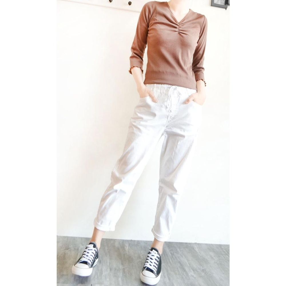 高腰鬆緊 白色哈倫褲女 彈力顯瘦 男友褲 休閒褲女 寬鬆百搭 鬆緊腰綁繩  白色長褲【631-304】S~XL-細節圖7