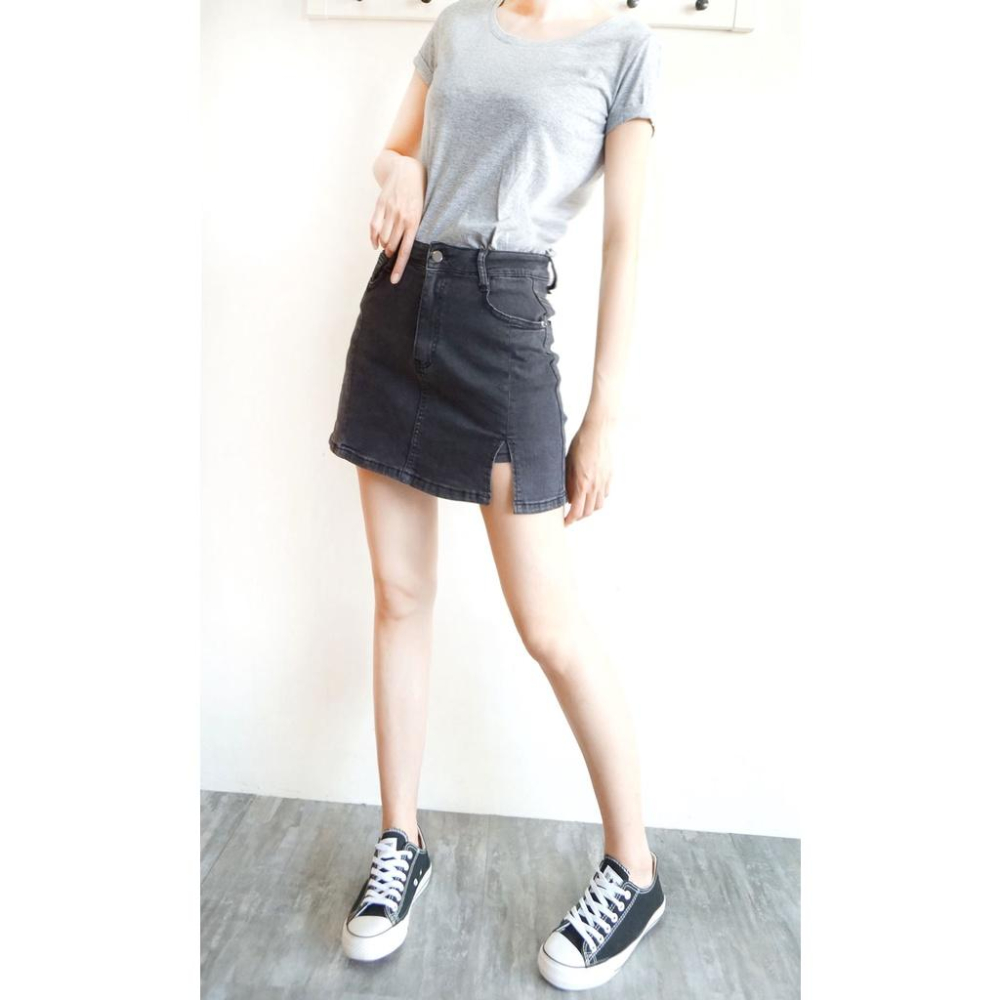 牛仔褲裙 彈力牛仔裙 高腰顯瘦 牛仔短裙 黑灰色 百搭 性感開衩 歐美風【133-602】S~XL-細節圖5