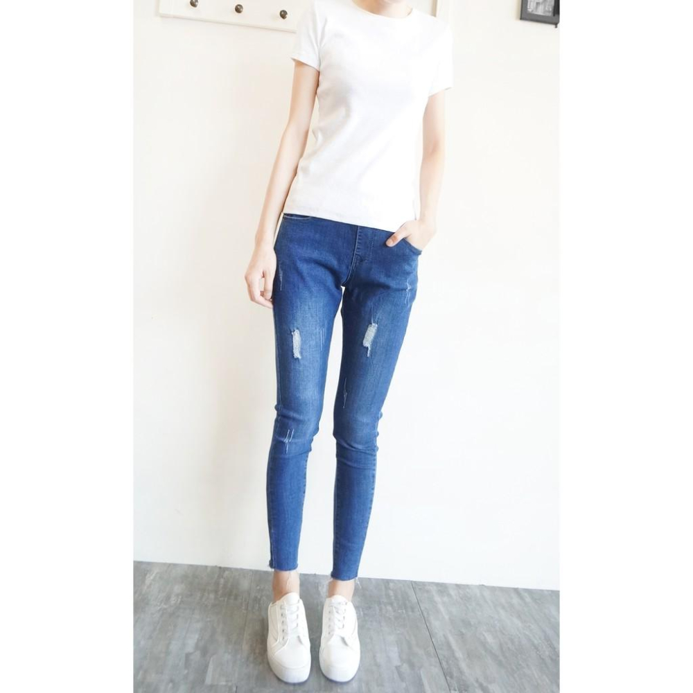 超彈顯瘦鬆緊高腰牛仔褲女 長褲 牛仔褲 休閒褲 修身素色百搭 刷破 破洞 韓系 九分牛仔褲【823-638】S~2L-細節圖5