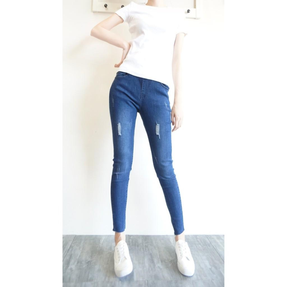 超彈顯瘦鬆緊高腰牛仔褲女 長褲 牛仔褲 休閒褲 修身素色百搭 刷破 破洞 韓系 九分牛仔褲【823-638】S~2L-細節圖6