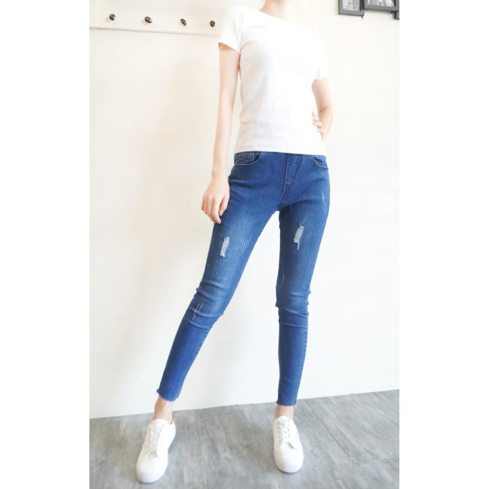 超彈顯瘦鬆緊高腰牛仔褲女 長褲 牛仔褲 休閒褲 修身素色百搭 刷破 破洞 韓系 九分牛仔褲【823-638】S~2L-細節圖7