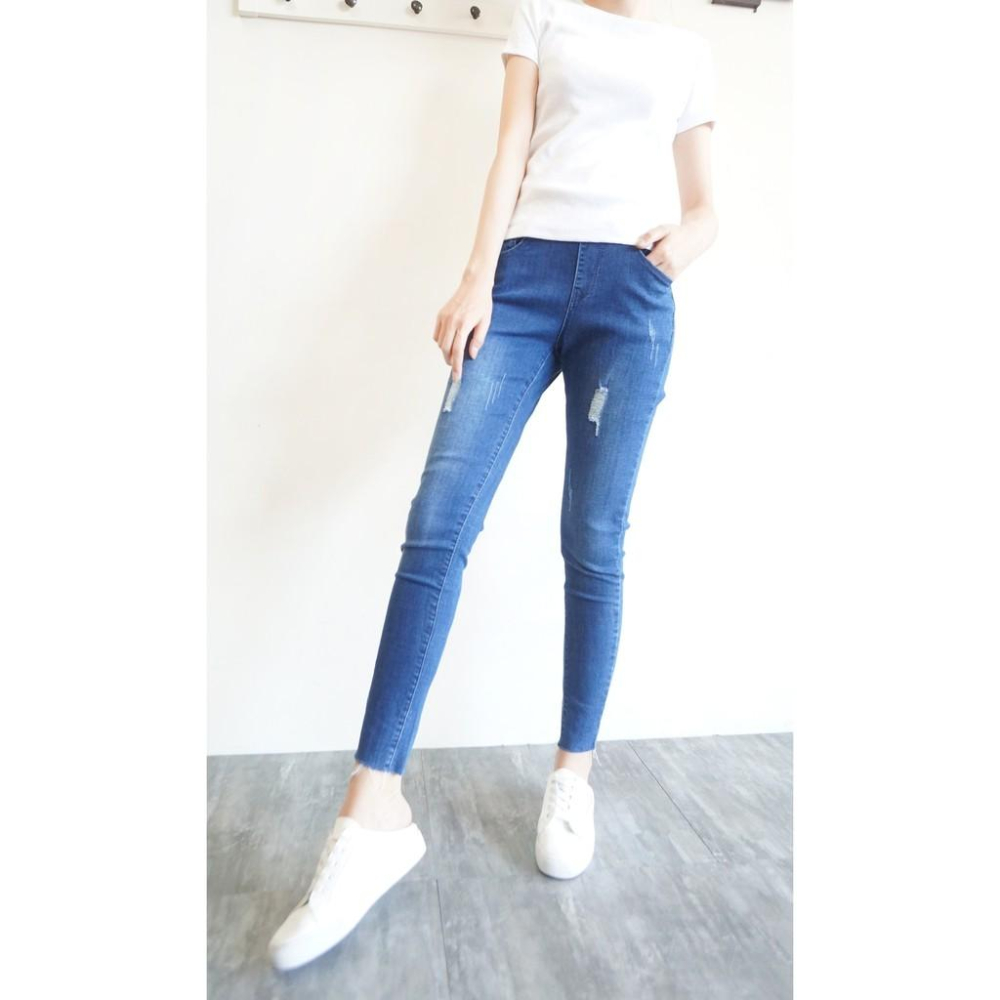 超彈顯瘦鬆緊高腰牛仔褲女 長褲 牛仔褲 休閒褲 修身素色百搭 刷破 破洞 韓系 九分牛仔褲【823-638】S~2L-細節圖8