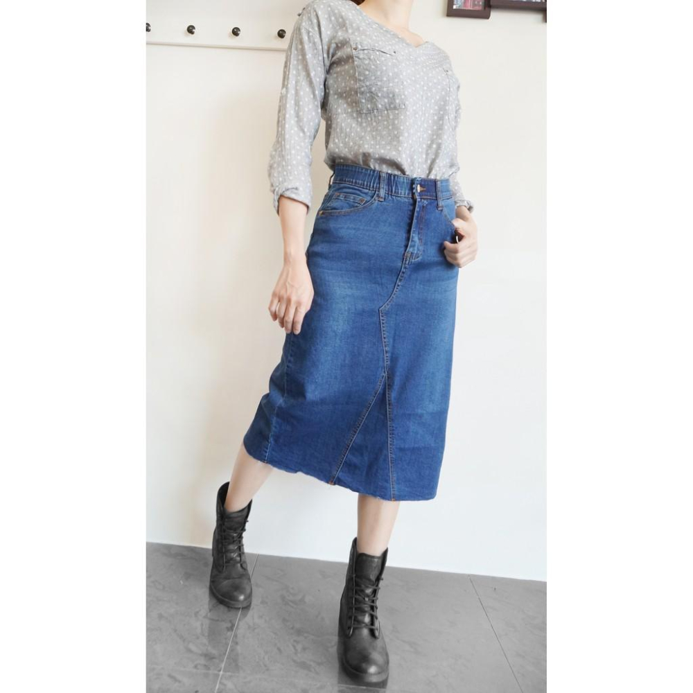 【現貨免運】 A字長裙 牛仔裙 鬆緊褲頭 顯瘦超拉彈 後開岔牛仔長裙 【047-268】藍色(S~XL)-細節圖3