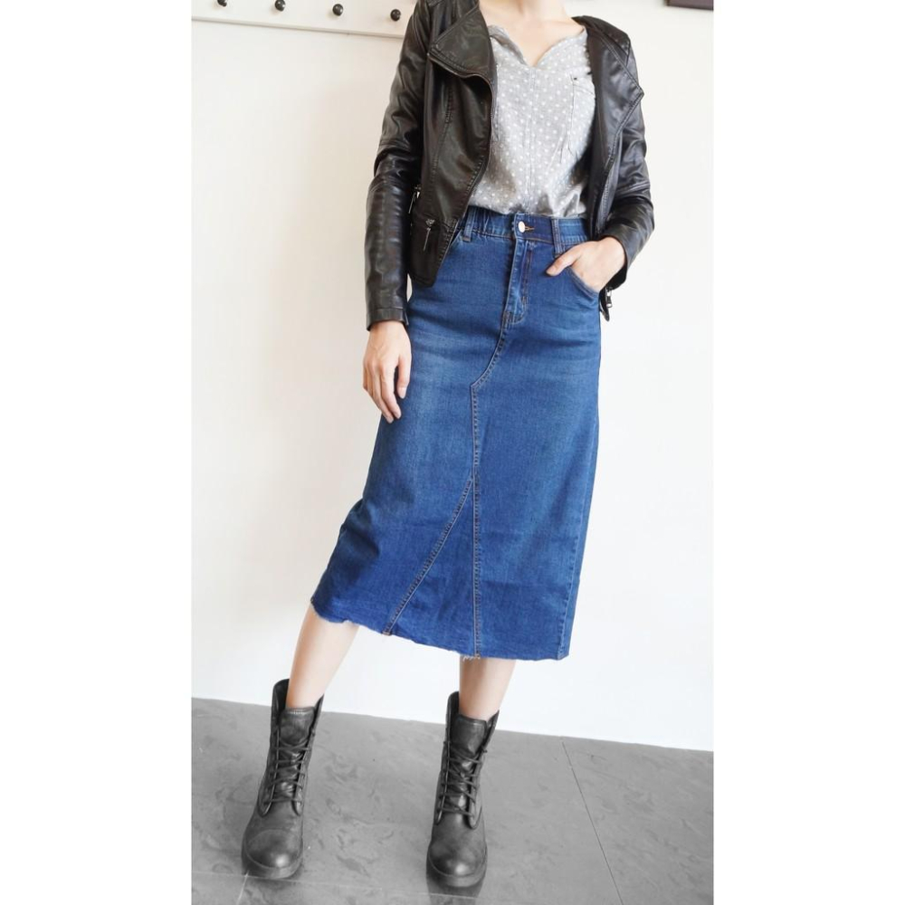 【現貨免運】 A字長裙 牛仔裙 鬆緊褲頭 顯瘦超拉彈 後開岔牛仔長裙 【047-268】藍色(S~XL)-細節圖4