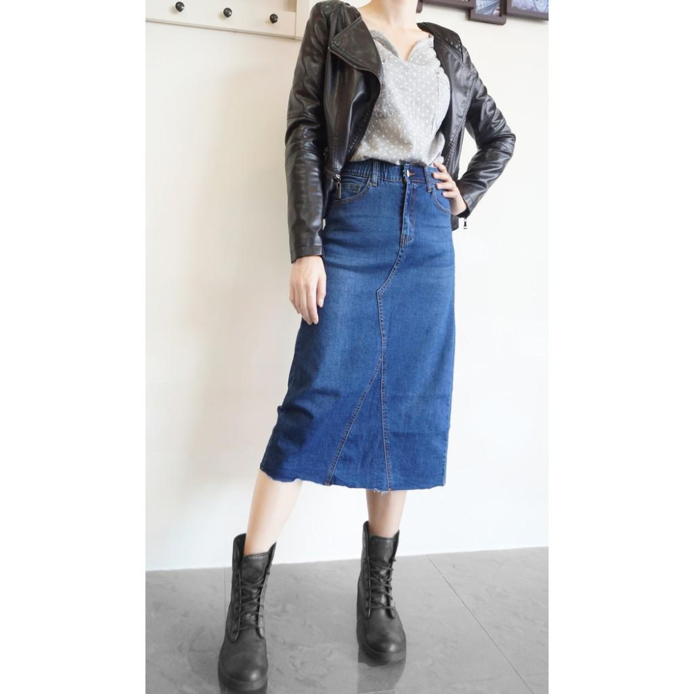 【現貨免運】 A字長裙 牛仔裙 鬆緊褲頭 顯瘦超拉彈 後開岔牛仔長裙 【047-268】藍色(S~XL)-細節圖5
