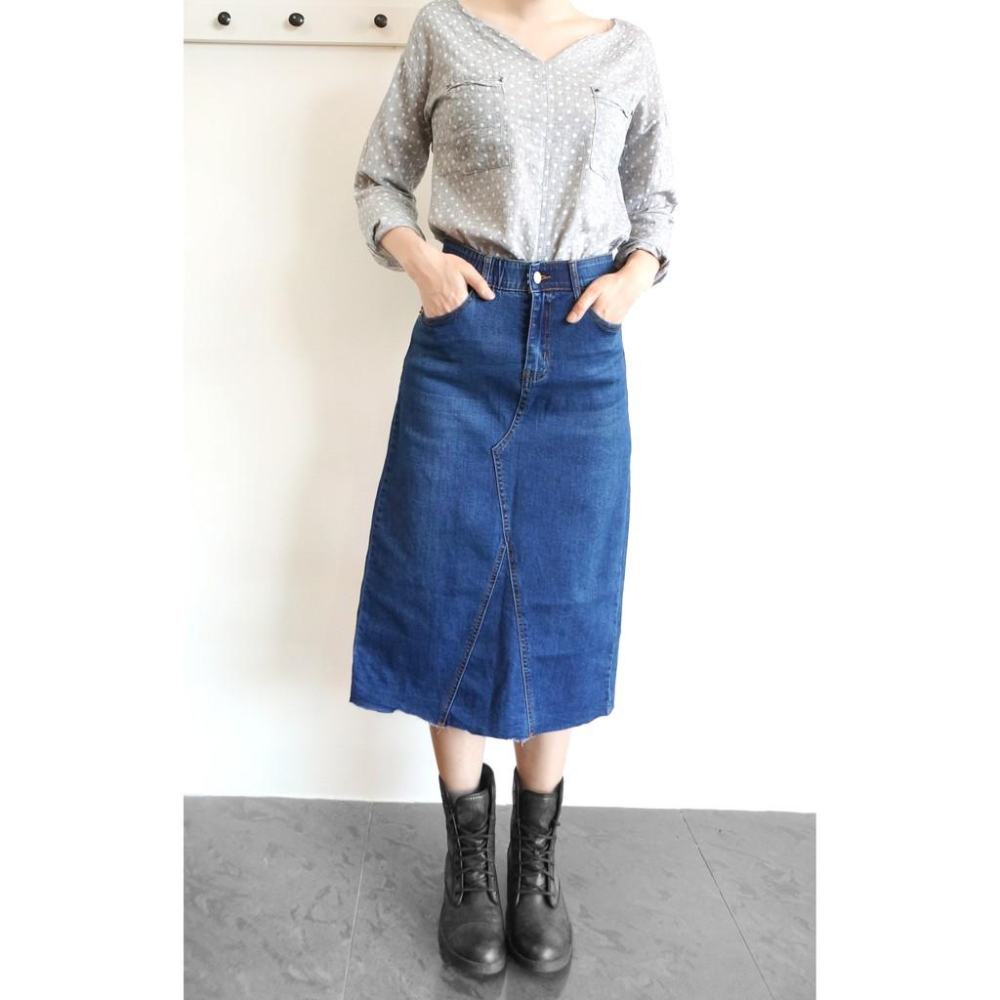 【現貨免運】 A字長裙 牛仔裙 鬆緊褲頭 顯瘦超拉彈 後開岔牛仔長裙 【047-268】藍色(S~XL)-細節圖6