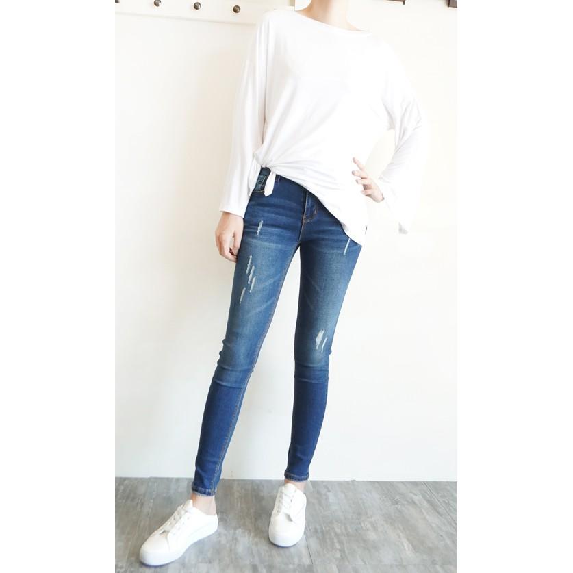 【台灣出貨】美腿翹臀神褲 復古刷色 質感微刷破 超彈顯瘦 中低腰小腳牛仔褲【715-792】深藍色(S~XL)-細節圖2