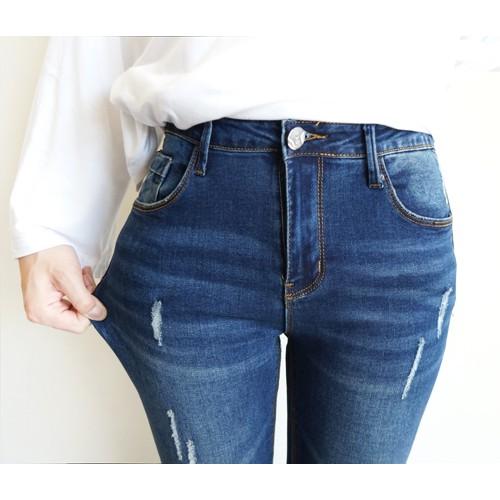 【台灣出貨】美腿翹臀神褲 復古刷色 質感微刷破 超彈顯瘦 中低腰小腳牛仔褲【715-792】深藍色(S~XL)-細節圖8