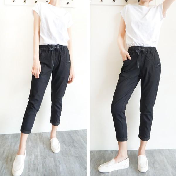 現貨免運 男友褲 休閒褲 素黑百搭 綁繩鬆緊腰 顯瘦超彈 ins 寬鬆 BF 哈倫褲 高腰【227-901】S~XL-細節圖5
