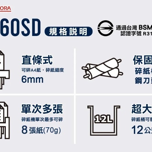 振昌文具 - AURORA震旦 8張直條式多功能碎紙機(12公升)AS860SD-細節圖2