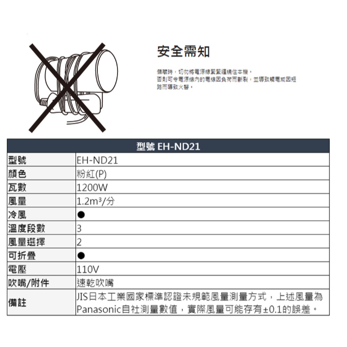 振昌文具 - 公司貨 Panasonic 國際牌 速乾型冷熱吹風機 EH-ND21 保固一年-細節圖4