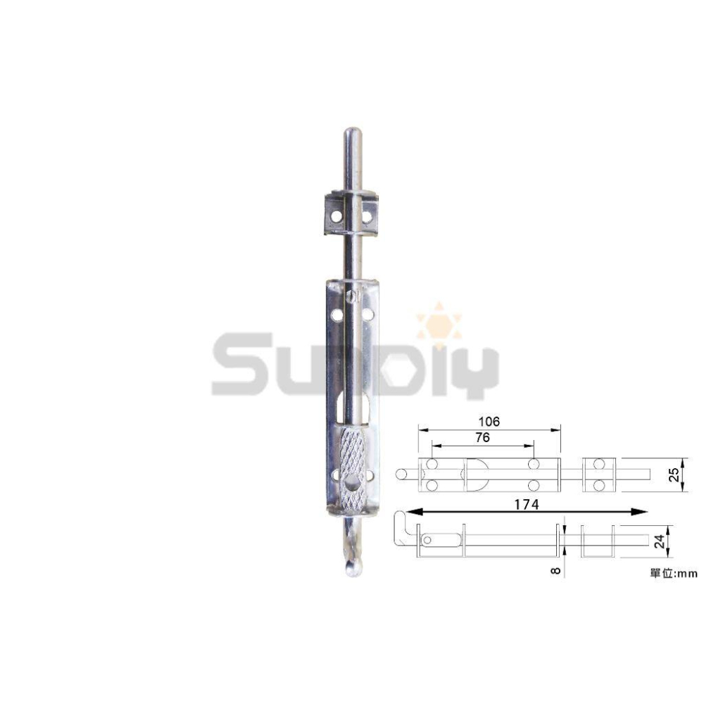 (燦光五金)白鐵門閂/門栓/電鍍白/門鎖/門鉤/門鈎/防盜鎖 P&B 104#(3分)/無泡殼吊卡 握把有孔可鎖-細節圖2