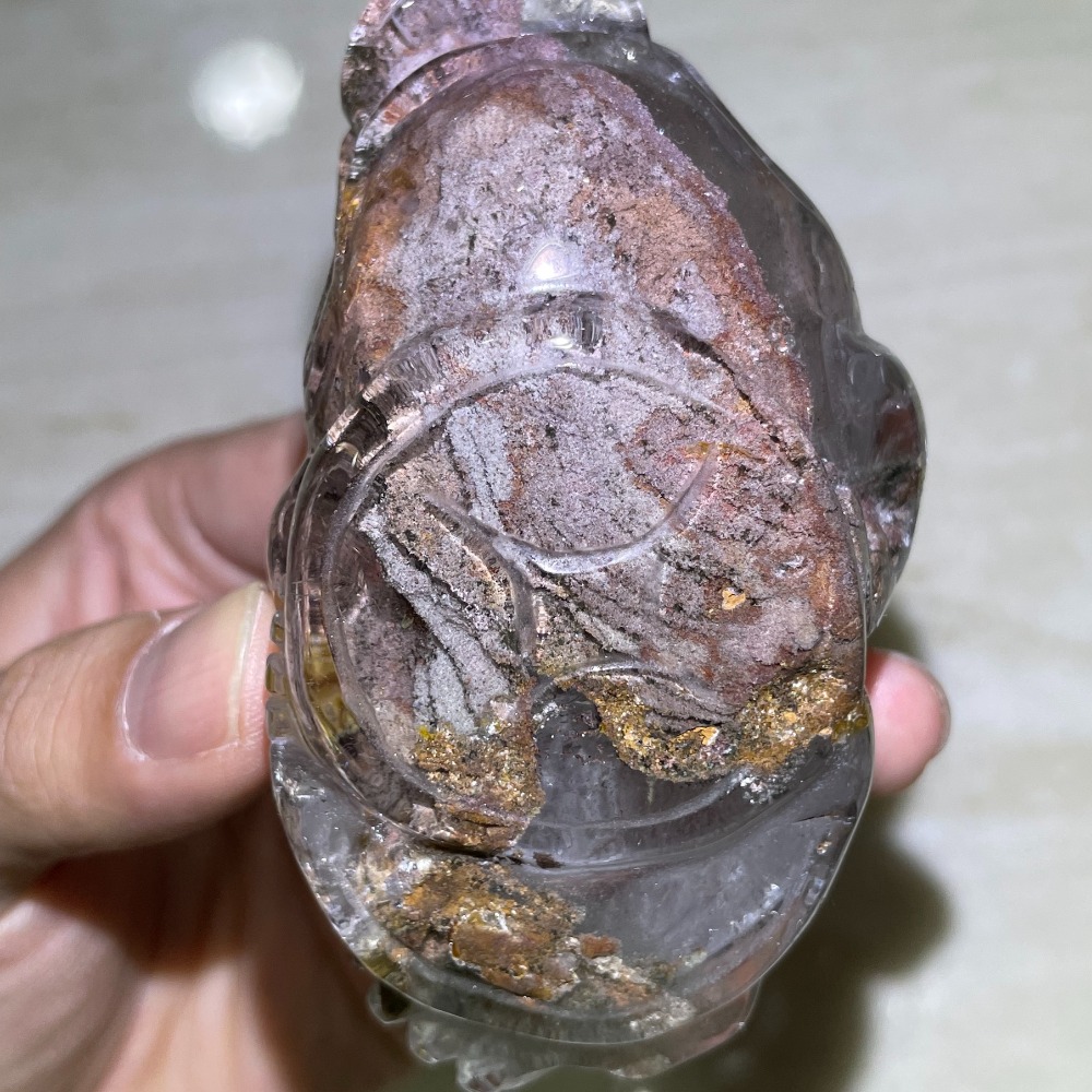 意象幽靈金蟾 幽靈水晶 帶彩虹光 三腳蟾蜍 三腳金蟾 招財開運擺件 附專屬帶彩燈底座 贈已穿孔粉晶愛心-細節圖2