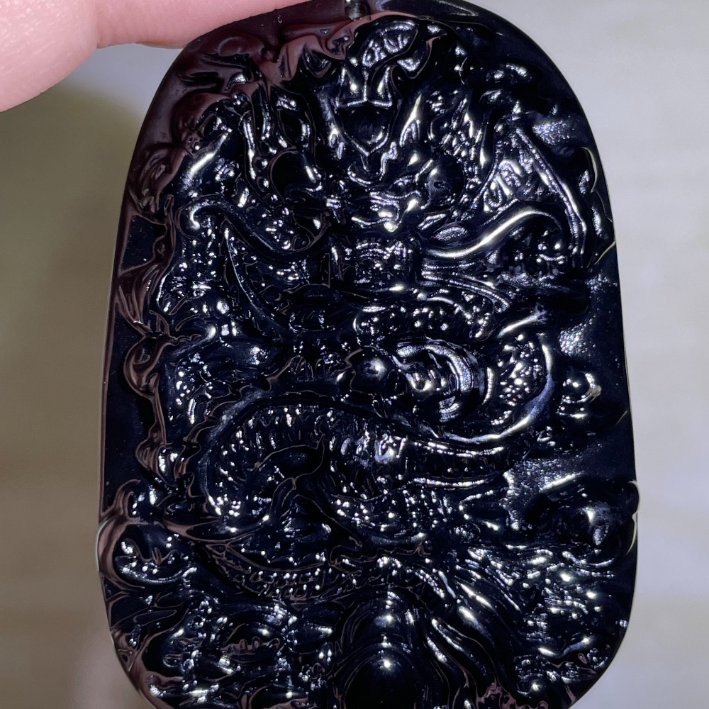 純天然黑曜 黑曜石 龍牌吊墜 招財開運 附贈琉璃鍊-細節圖2