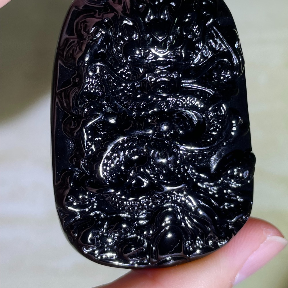 純天然黑曜 黑曜石 龍牌吊墜 招財開運 附贈琉璃鍊-細節圖5