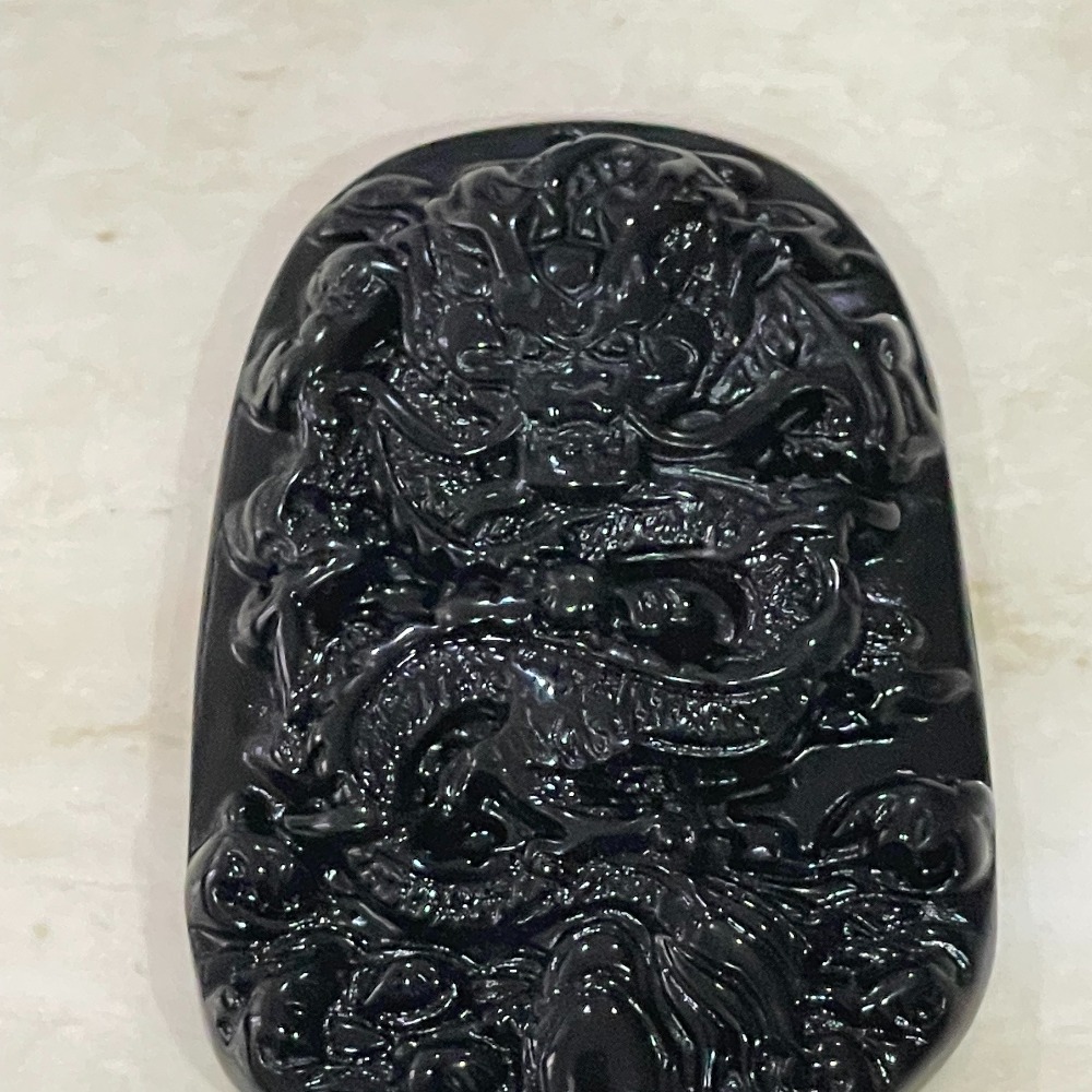 純天然黑曜 黑曜石 龍牌吊墜 招財開運 附贈琉璃鍊-細節圖6