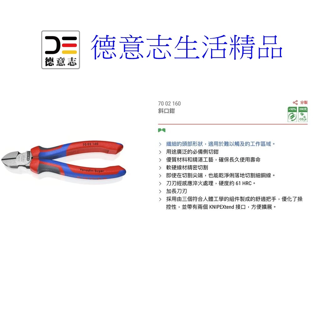 現貨 Knipex 70 02 160 新款 斜口鉗 6吋  [ 德意志生活精品 ]-細節圖6