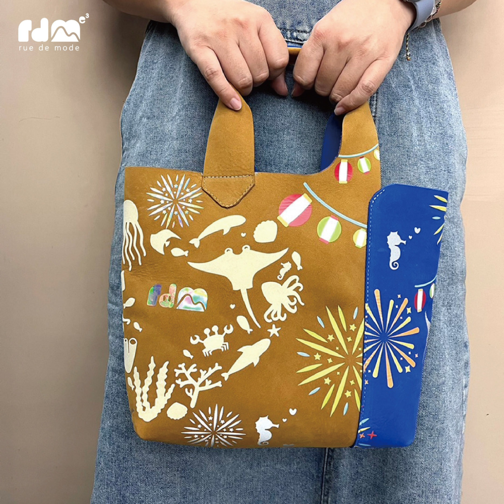 【客製化】限量款-日本限定 花火真皮撞色皮革手提包-細節圖2