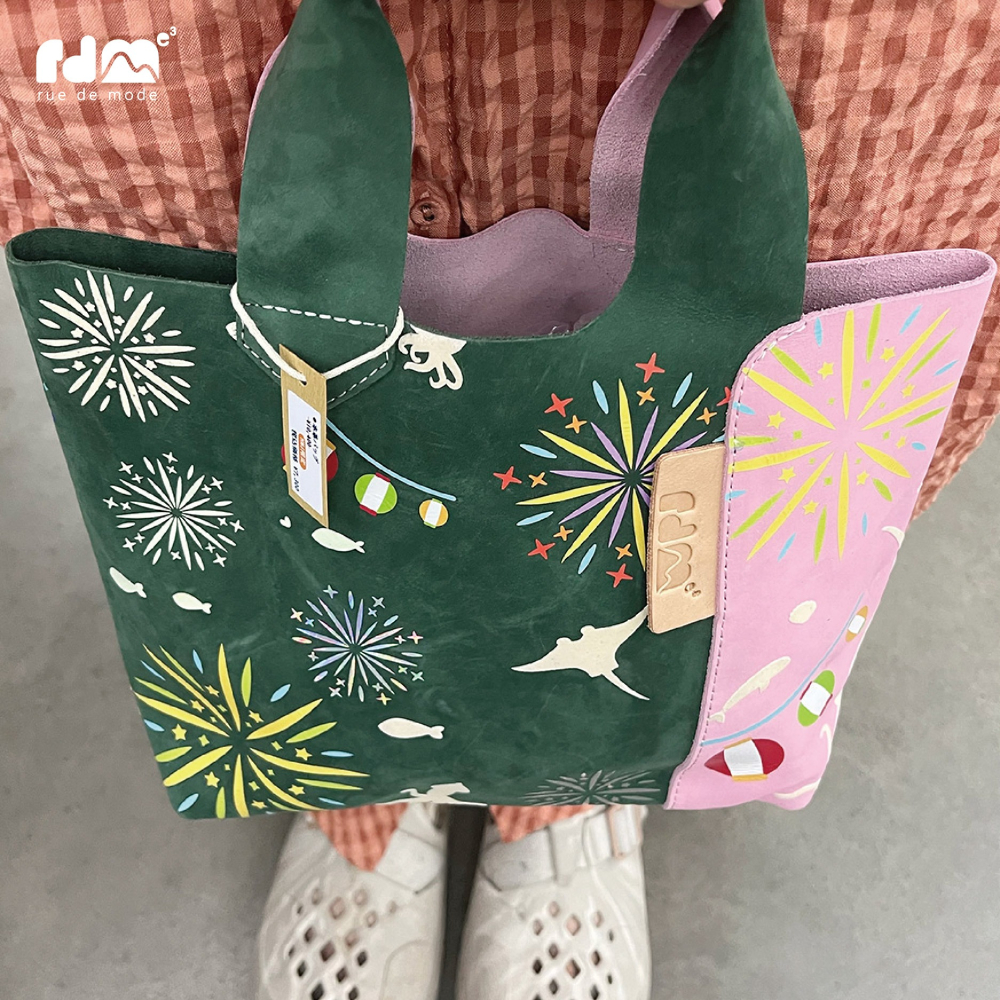 【客製化】限量款-日本限定 花火真皮撞色皮革手提包-細節圖4