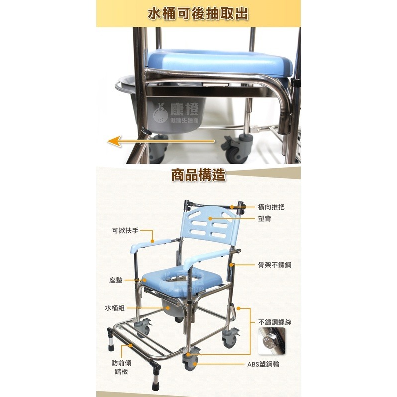 【Goodly顧得力】不鏽鋼掀手附輪馬桶椅 (W-B2359) 不銹鋼便器椅 洗澡椅-細節圖5