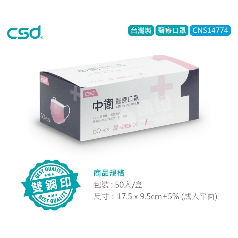 【中衛CSD】一級醫用口罩 成人平面口罩 粉紅色 (50入/盒) 雙鋼印 CNS14774 台灣製造-細節圖2
