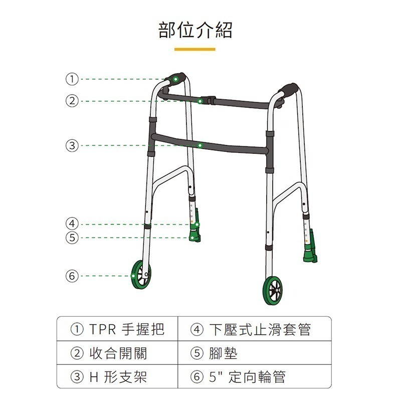 【光星NOVA】 推推GO 5 助行器 附輪助行器 (前輪:5吋直向輪 / 後腳:下壓式止滑套管)-細節圖6