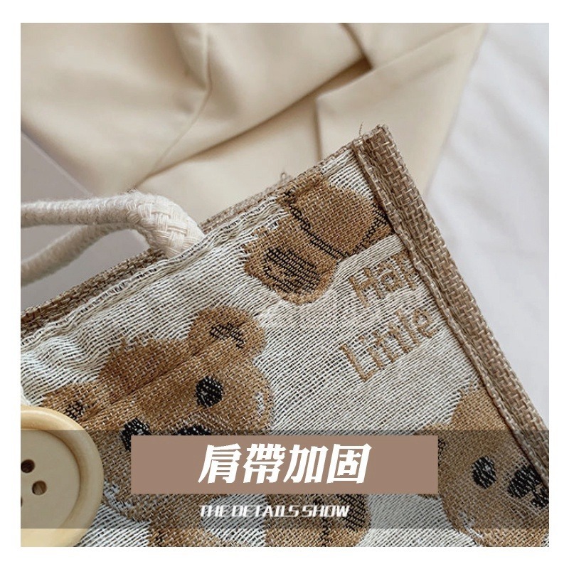 🔥台灣發貨🔥小熊亞麻手提袋 亞麻手提袋 亞麻小熊手提袋 外出包棉麻小包包 小手提 手拎包 午餐袋 便當包 環保提袋-細節圖8