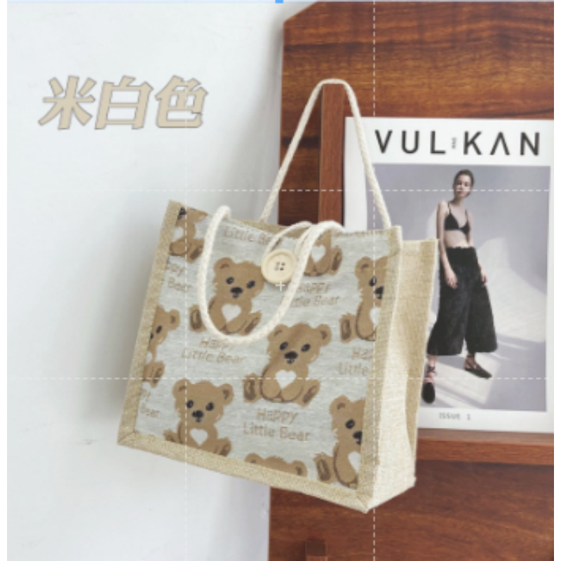 🔥台灣發貨🔥小熊亞麻手提袋 亞麻手提袋 亞麻小熊手提袋 外出包棉麻小包包 小手提 手拎包 午餐袋 便當包 環保提袋-規格圖8