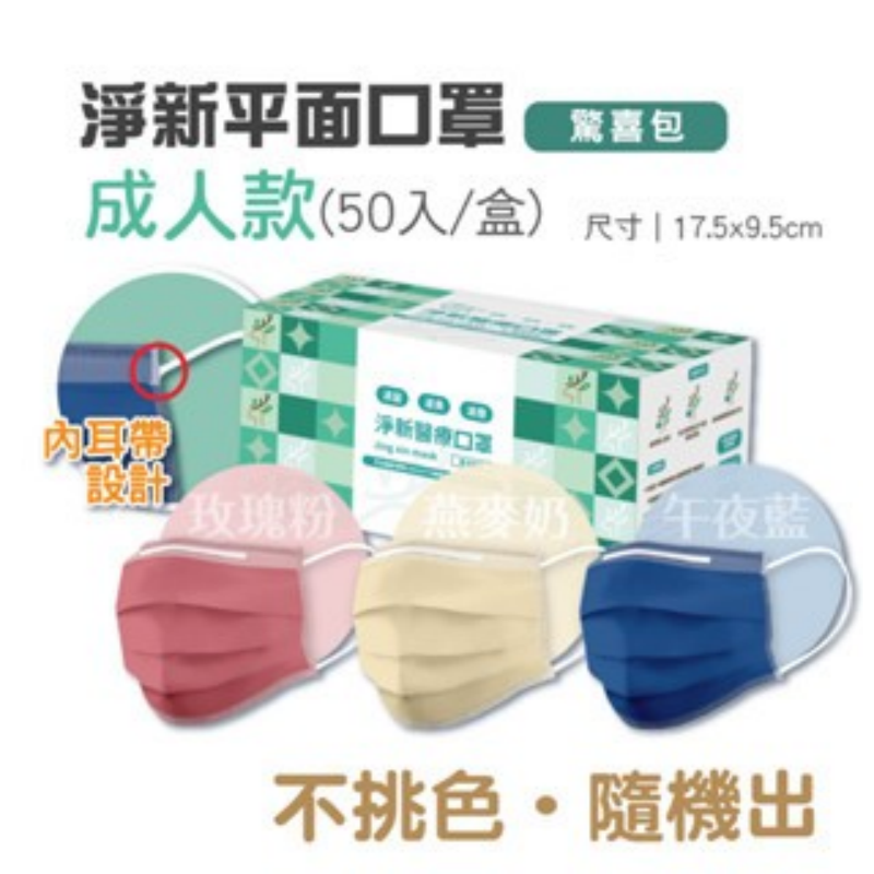 〔隨機色〕淨新成人平面口罩｜內耳帶款