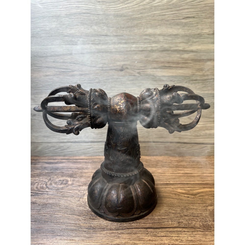 尼泊爾五股金剛杵附六字大明咒底座套組佛教法器老文物照片為實物-細節圖2