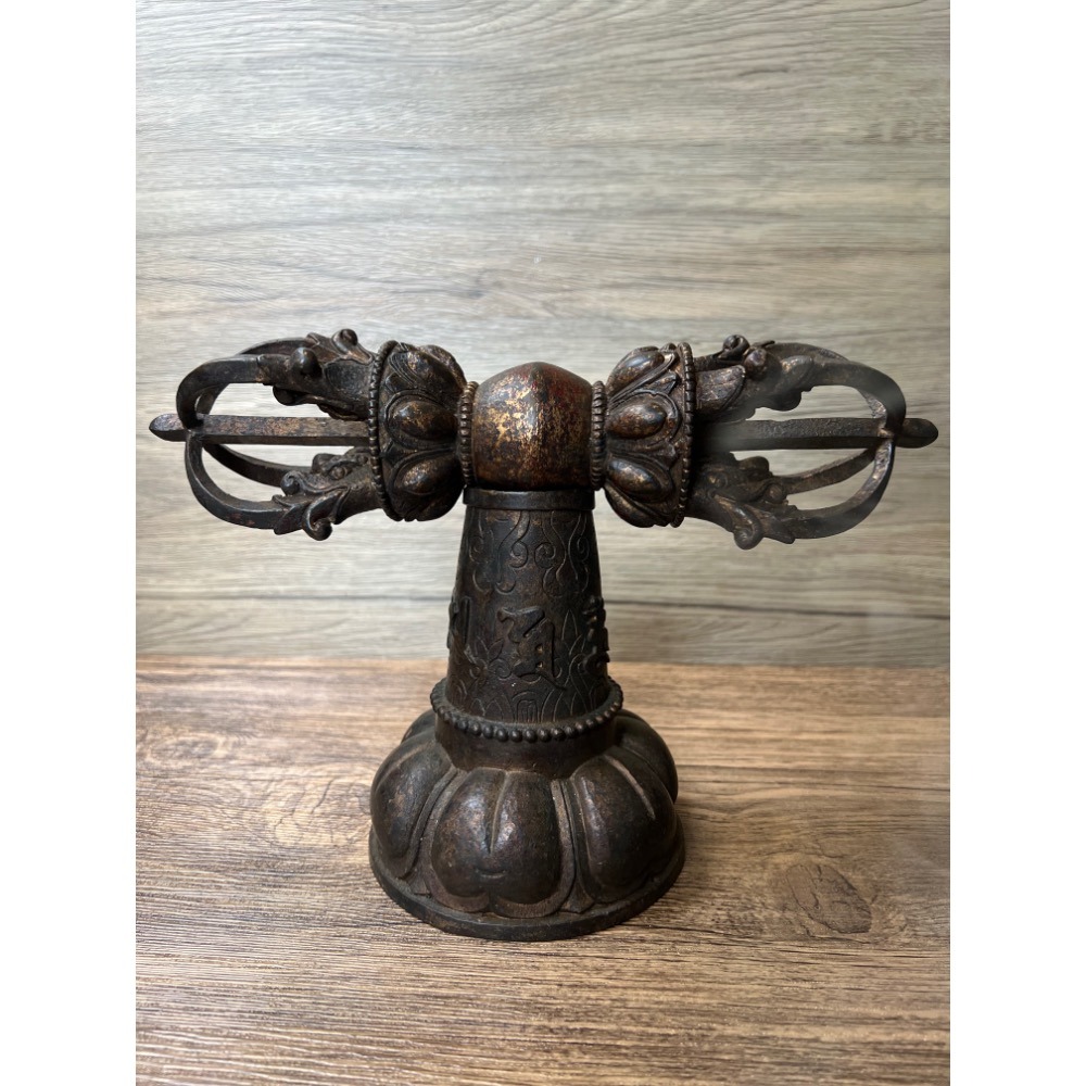 尼泊爾五股金剛杵附六字大明咒底座套組佛教法器老文物照片為實物-細節圖4