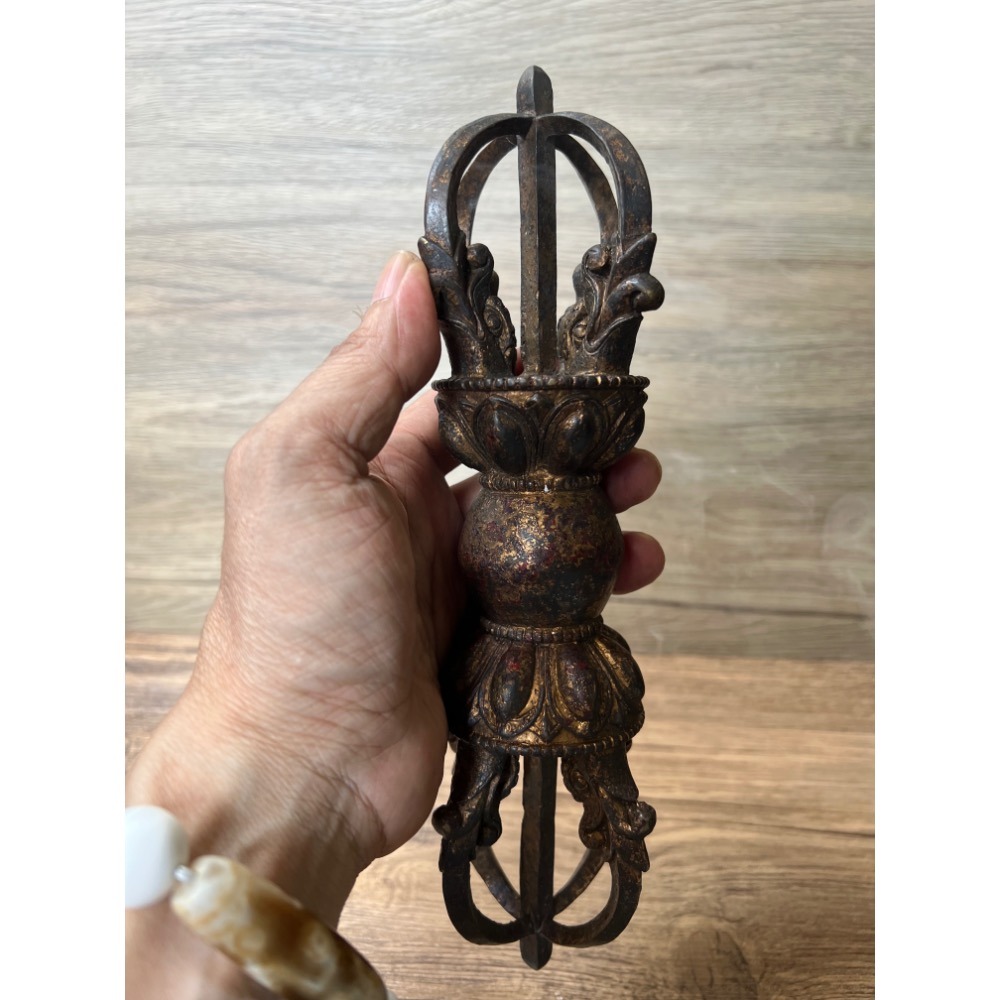 尼泊爾五股金剛杵附六字大明咒底座套組佛教法器老文物照片為實物-細節圖7