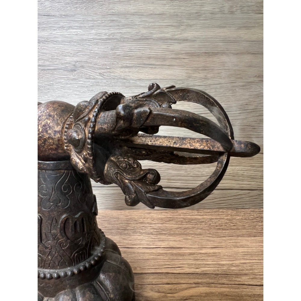 尼泊爾五股金剛杵附六字大明咒底座套組佛教法器老文物照片為實物-細節圖8