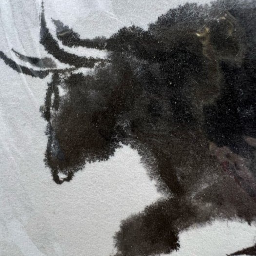 柏弘原創日式風格民國早年畫作27x24cm六合貴人三合貴人12生肖牛粉紅櫻花樹下嘻戲照片為實物非電腦複印-細節圖2