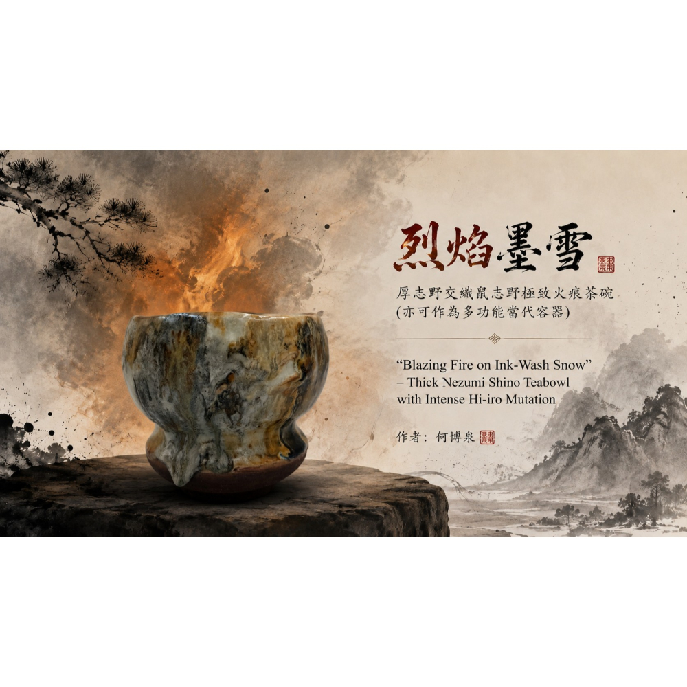烈焰墨雪 — 厚志野交織鼠志野極致火痕茶碗 (亦可作為多功能當代容器) ＂Blazing Fire on Ink-Was-細節圖2