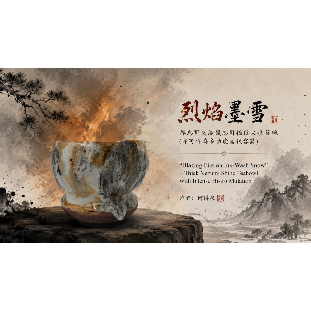 烈焰墨雪 — 厚志野交織鼠志野極致火痕茶碗 (亦可作為多功能當代容器) ＂Blazing Fire on Ink-Was-細節圖3