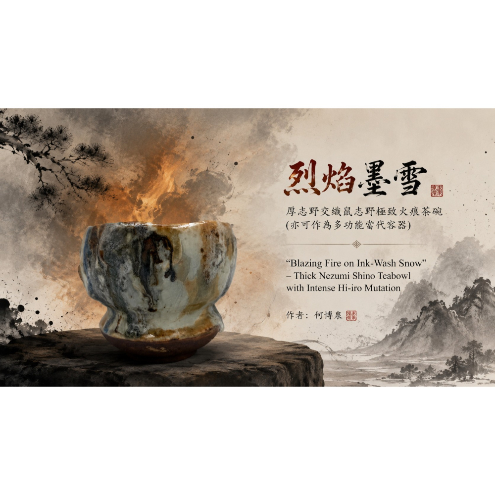 烈焰墨雪 — 厚志野交織鼠志野極致火痕茶碗 (亦可作為多功能當代容器) ＂Blazing Fire on Ink-Was-細節圖4