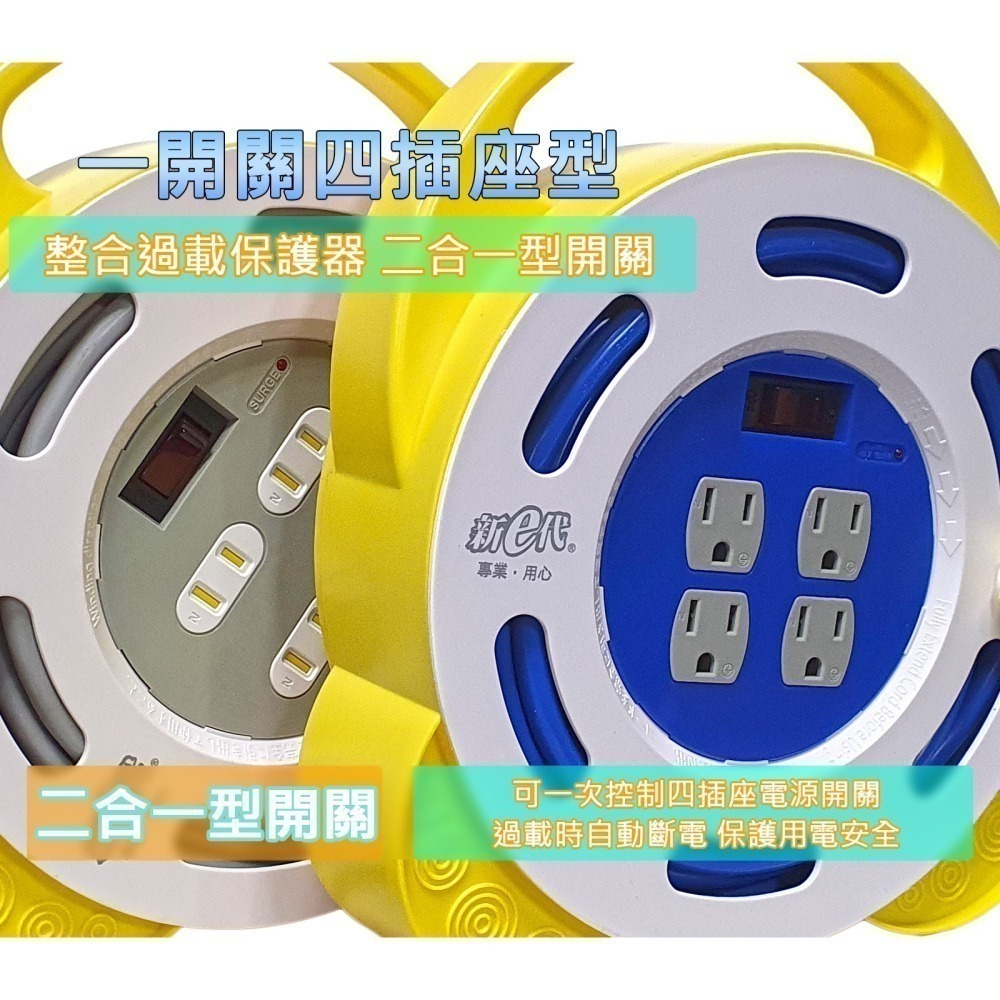 新e代 延長線 輪座 大電流15A 開關附燈 突波保護 過載保護 防火塑料 露營 工地 捲線 捲盤 收納 動力線-細節圖3