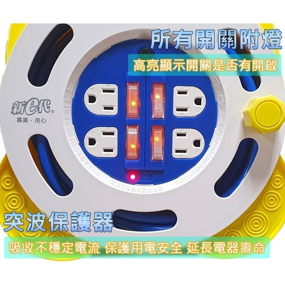 新e代 延長線 輪座 大電流15A 開關附燈 突波保護 過載保護 防火塑料 露營 工地 捲線 捲盤 收納 動力線-細節圖5