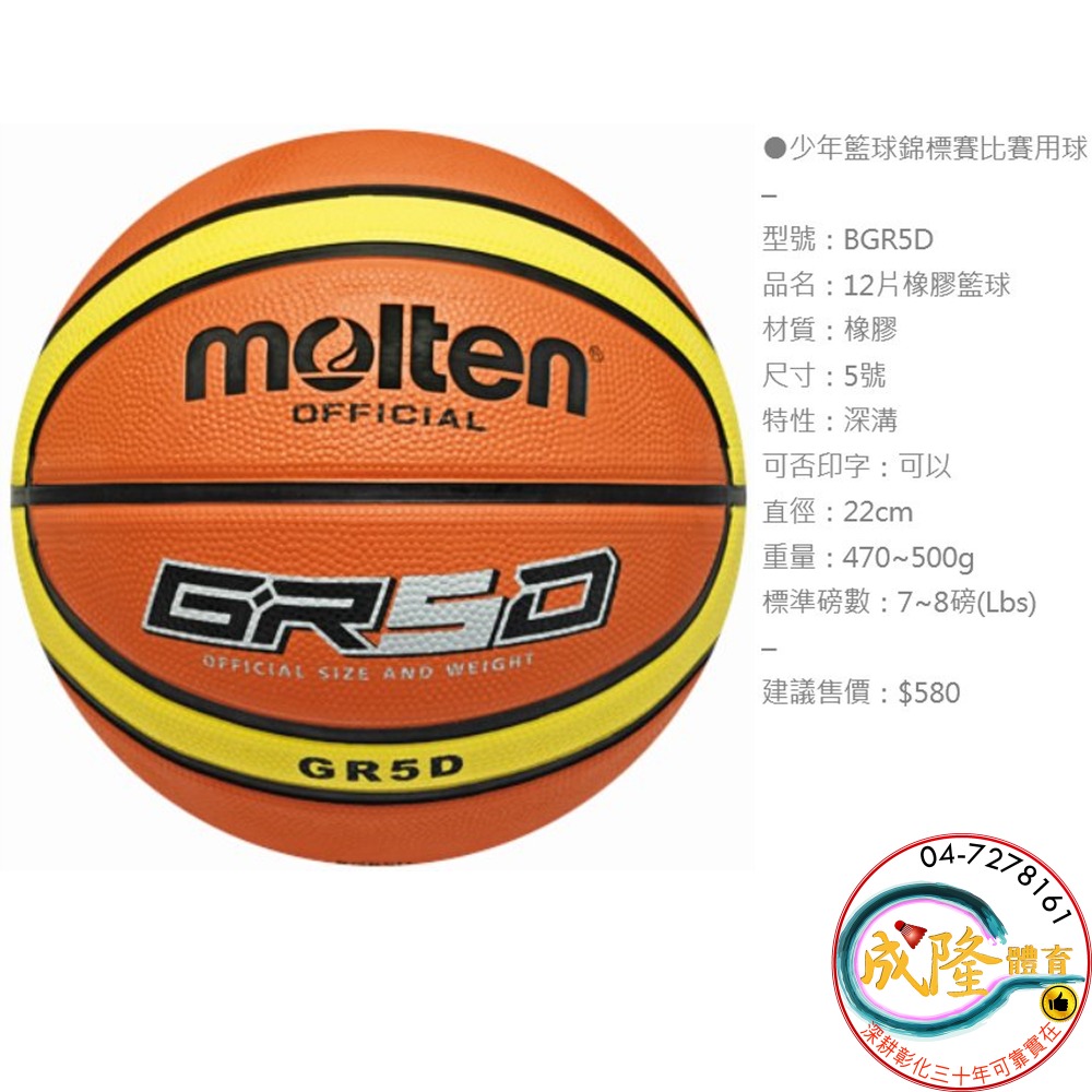 成隆體育§ Molten GR5D 籃球5號BGR5D 少年籃球多色附球針球網12片深溝