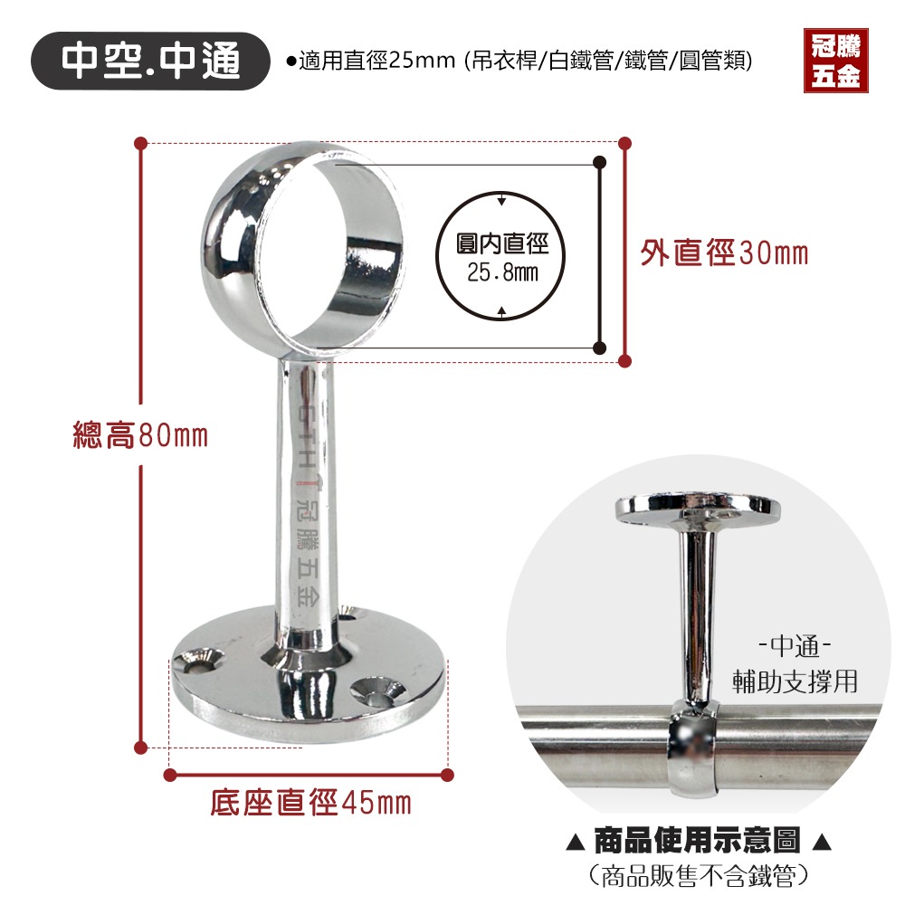 【GTH冠騰五金】白鐵管 目玉 八分 25mm用  吊衣管 吊衣桿 衣拖 管頭 中通 長腳管頭 鐵管可用-規格圖3