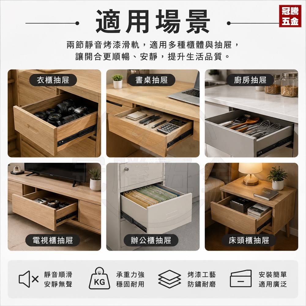 兩節靜音 烤漆滑軌 烤漆黑 鋼珠滑軌 工廠直營 抽屜 櫃子 衣櫃 書桌 抽屜 斗櫃 靜音滑軌 軌道 冠騰五金-細節圖7