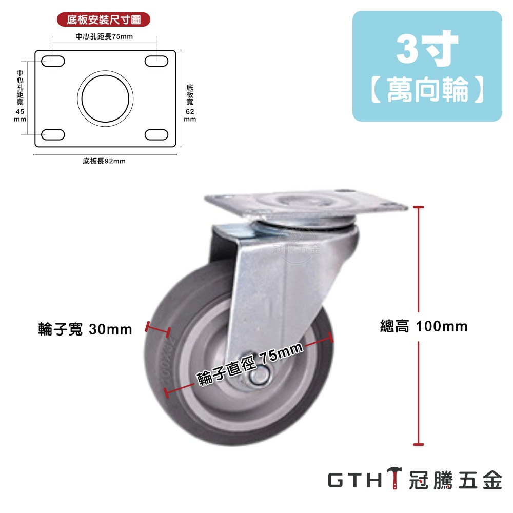 3寸  75mm TPR輪 橡膠輪 波浪架 萬向輪 椅輪 工業輪 腳輪 推車輪 家具輪 靜音輪 輪子【GTH冠騰五金】-規格圖5