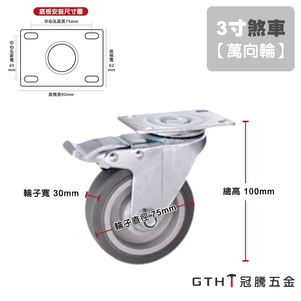 3寸  75mm TPR輪 橡膠輪 波浪架 萬向輪 椅輪 工業輪 腳輪 推車輪 家具輪 靜音輪 輪子【GTH冠騰五金】-規格圖5